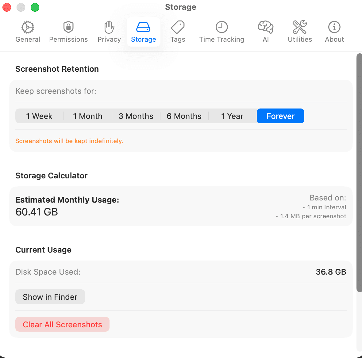 Storage settings